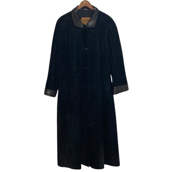 Vintage Suede Coat Womens Medium Black Leather Maxi Chic Long Jacket 80s 90s - Picture 1 of 14